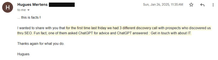 Hugues Mertens email, January 2025: 3 discovery calls in one day from prospects who found them through SEO, one of them sent by ChatGPT