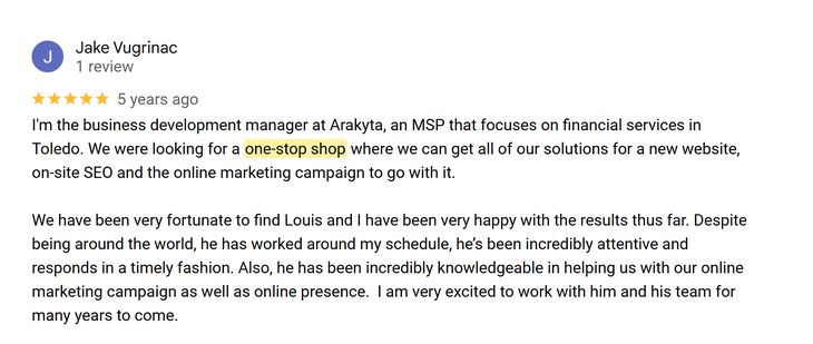Google review from Jake Vugrinac, Arakyta: one-stop shop for the website, SEO and marketing campaign