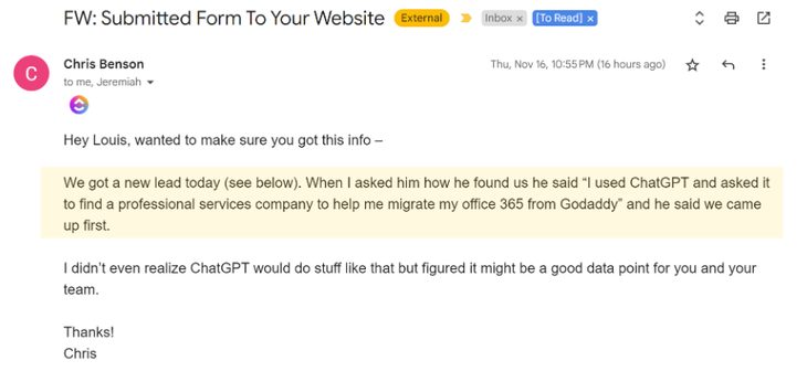Chris Benson email: a new lead found them by asking ChatGPT and they came up first
