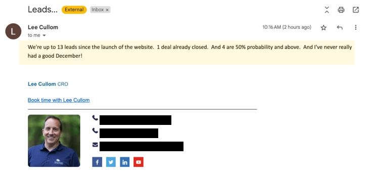 Lee Cullom email: 13 leads since launch, 1 deal closed