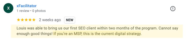 Google review: first SEO client within two months of the program