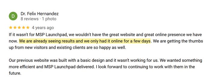Google review from Dr. Felix Hernandez, AATSG: already seeing results with the site online only a few days