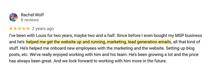Google review from Rachel Wolf: two and a half years of website, marketing and lead generation