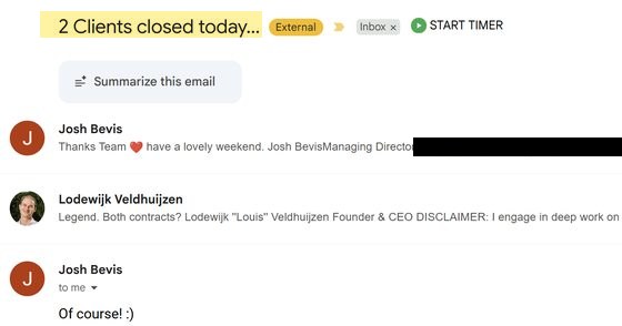 Josh Bevis email thread: 2 clients closed today, both contracts confirmed