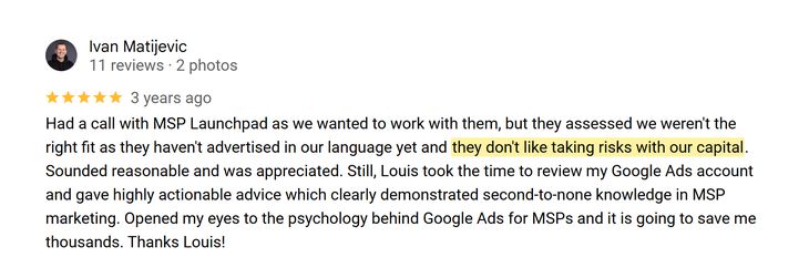 Google review from Ivan Matijevic: assessed as not the right fit, they do not take risks with your capital