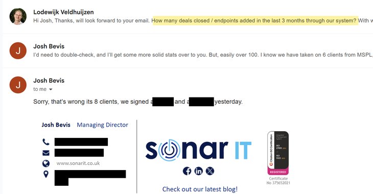 Email exchange: asked how many deals closed in the last 3 months, Josh Bevis answers easily over 100 endpoints and 8 clients signed