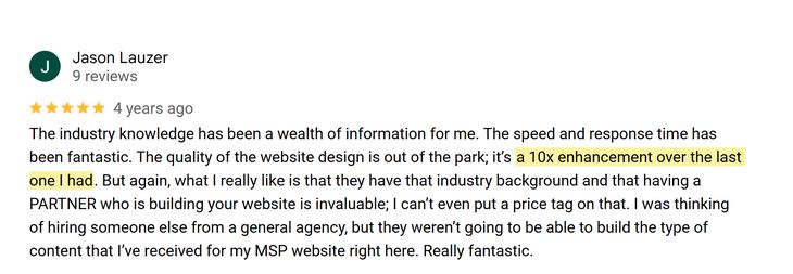 Google review from Jason Lauzer: the website is a 10x enhancement, a partner not an agency