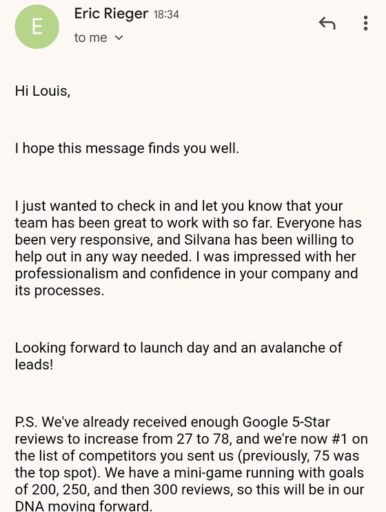 Eric Rieger email: Google reviews grew from 27 to 78, now number 1 on the local competitor list