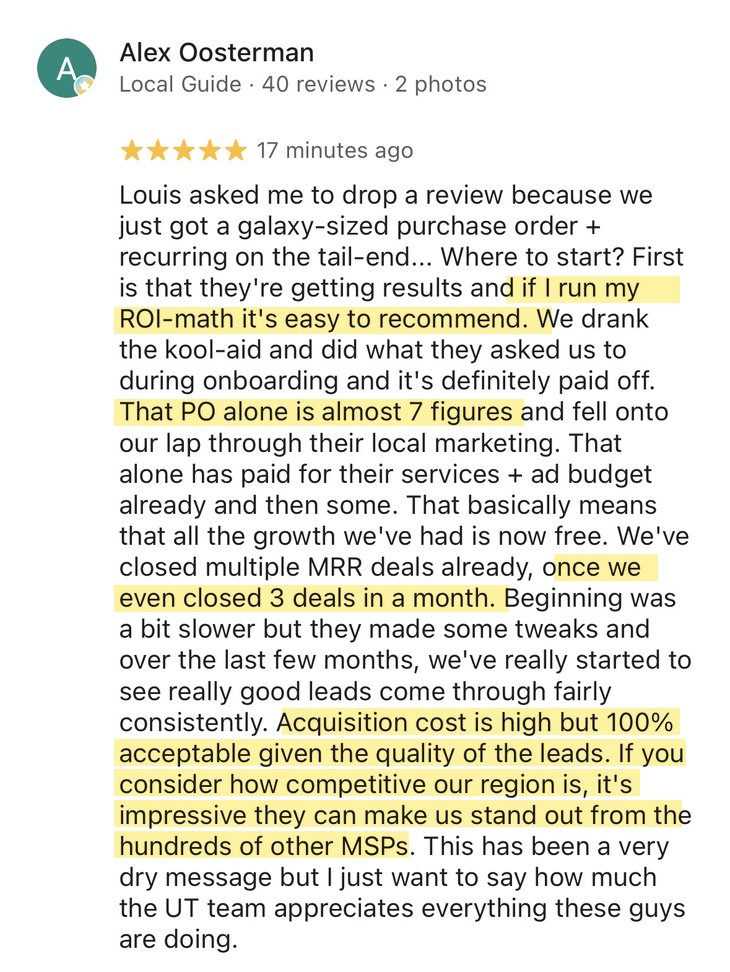 Five-star Google review from Alex Oosterman, Unified Tech: an almost 7-figure purchase order from their local marketing, ROI math easy to recommend, 3 deals closed in one month