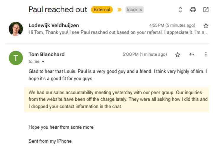 Tom Blanchard email: his peer group asking how he gets so many website inquiries