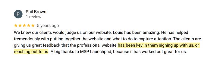 Google review from Phil Brown, Locto: clients say the professional website has been key in them signing up