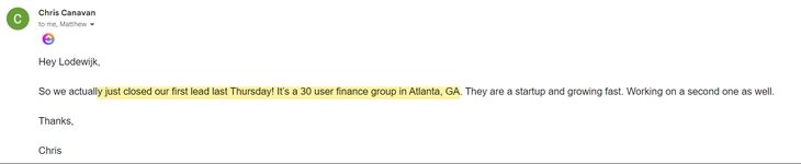 Chris Canavan from InfoTank: closed their first lead, a 30-user finance group