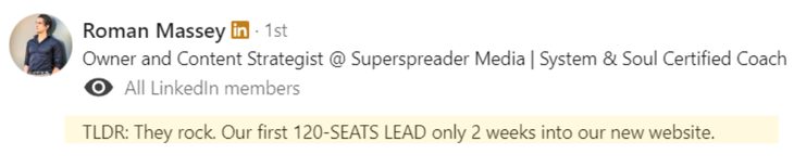 Roman Massey on LinkedIn: first 120-seat lead only 2 weeks into the new website