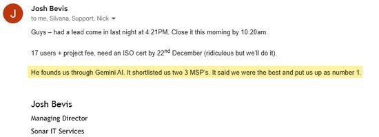Josh Bevis email: lead came in at 4:21PM, closed by 10:20am the next morning, 17 users, found via Gemini AI which ranked them number 1