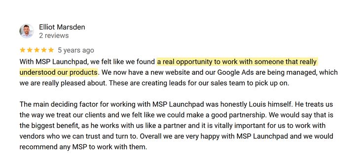 Google review from Elliot Marsden: new website and managed Google Ads creating leads for the sales team