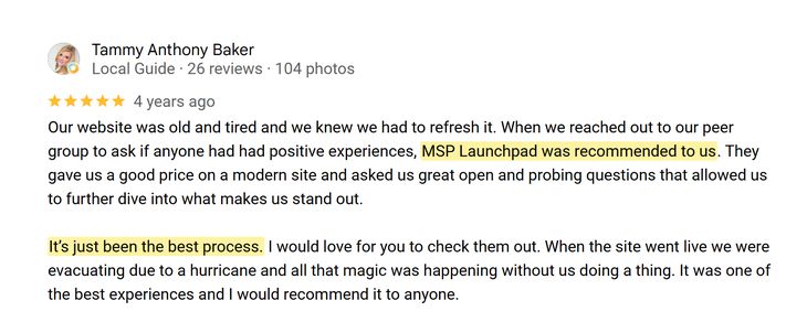 Google review from Tammy Anthony Baker: peer group recommended MSP Launchpad, just the best process