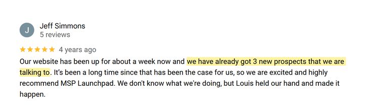 Google review from Jeff Simmons, Simmons Computer: 3 new prospects in the first week the website was live