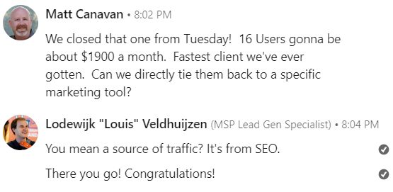 Teams chat from Matt Canavan: closed a 16-user client at about $1,900 a month, fastest client ever, attributed to SEO